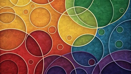 Abstract colorful circles overlapping with a textured background in a rainbow spectrum