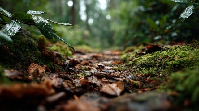 Tranquil Forest Path with Lush Greenery and Rain