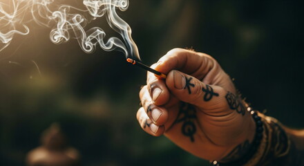 A man holds a burning incense stick, white smoke rises upward, a mystical ritual of purification or divination.