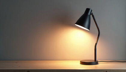 Black adjustable desk lamp on wooden surface emits warm light. Clean background, minimalist design, modern office or home workspace setup. Focused illumination for tasks, reading, or study.