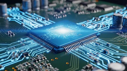 Computer motherboard microchip components circuit boards electronic innovation technology blue light microscopic world coding data processing modern sophistication high tech feel commercial uses. - Powered by Adobe