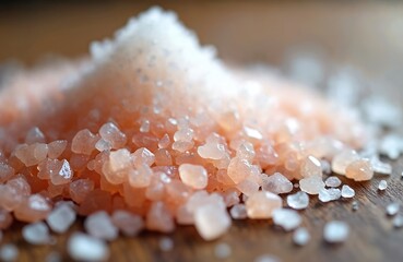 Close up photo of himalayan pink salt crystals. Textured view of raw culinary ingredient on wooden table. Food seasoning for cooking and healthy eating.