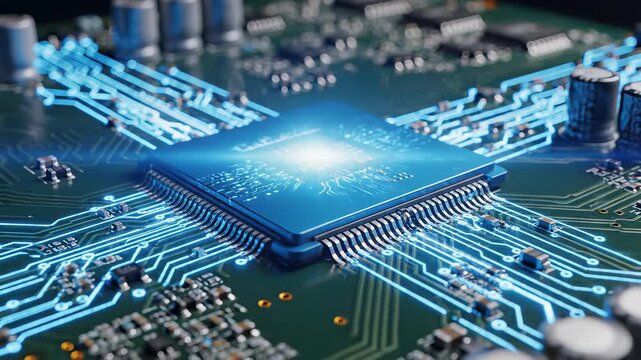 Computer motherboard microchip components circuit boards electronic innovation technology blue light microscopic world coding data processing modern sophistication high tech feel commercial uses.