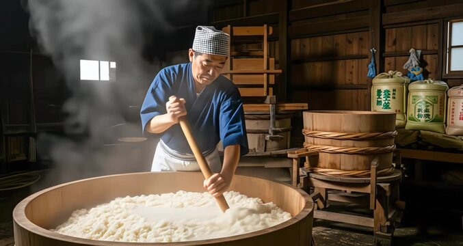 Traditional Japanese master brewer stirring steaming rice in a large wooden vat for sake production inside a rustic brewery