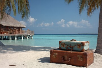 Vintage suitcases on a tropical beach.