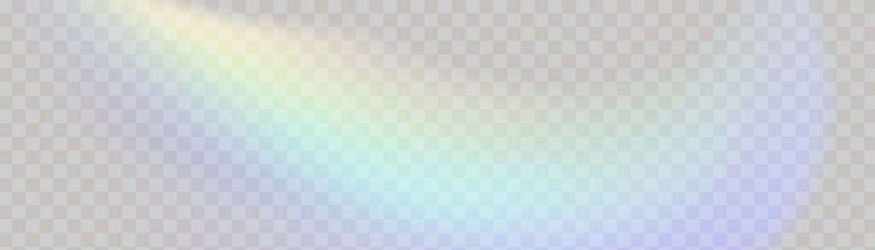 Crystal prism light flare on transparent background with neon rainbow glare and iridescent blur.