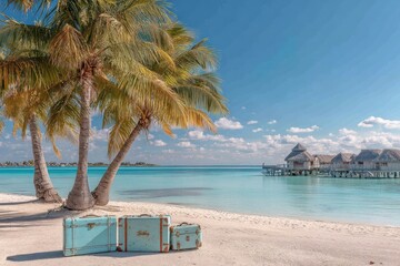 Turquoise water, palm trees, and vintage suitcases on a tropical beach.
