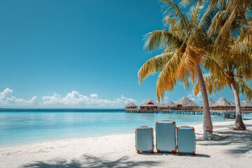 Light blue suitcases on a tropical beach.