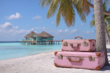 Pink suitcases on a tropical beach.