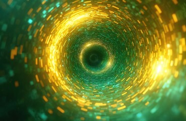 Abstract digital art shows tunnel with blurred motion effect. Green and gold color scheme forms swirl in futuristic style. Dynamic light streaks converge into vortex. Design concept for tech projects.