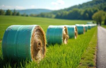 Obraz premium Green wrapped hay bales line rural farm field edge. Livestock feed stored beside paved country road. Bright sun shines on agricultural land with green grass, distant hills. Farm scene shows modern