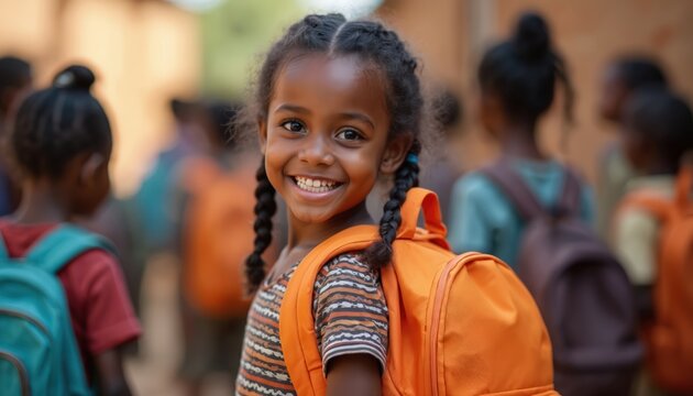 Smiling african girl with orange backpack goes to school. Schoolkids walk together on street. Pupils from poor countries get access to education. Back to school in Africa concept.