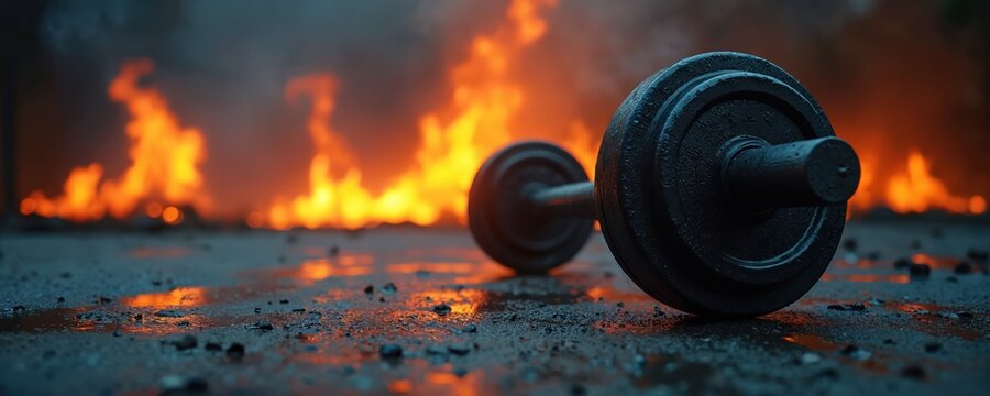 Barbell lies on wet ground near bright orange flames. Heavy iron weight equipment waits for next workout. Intense gym scene with strong fire effect.