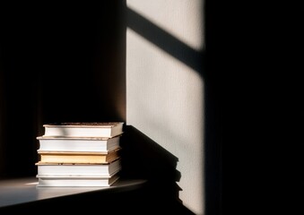 Stack of books illuminated by sunlight.