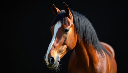 Fototapeta premium Close-up brown horse. White stripe forehead against solid black background. Image suitable animal themed projects. Highlights equestrian concepts, nature. Great for equine promotions.