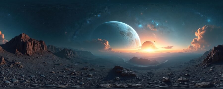 Panorama shows rocky alien planet. Two planets rise above horizon with bright sun. Sky with stars and nebula. Mountains, clouds add depth. Space theme suits wallpaper or background.