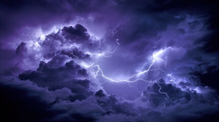 Obraz premium Jagged lightning bolts flash through dark purple storm clouds thunder electricity