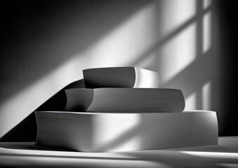 Stack of books illuminated by sunlight.