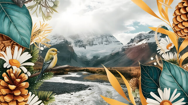 Arri&egrave;re plan sur le th&egrave;me de la nature, faune et plante, montagne, collage - G&eacute;n&eacute;rative IA