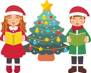 Children Singing Christmas Carols by Decorated Tree