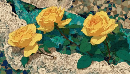 Yellow roses on lace and mosaic background.