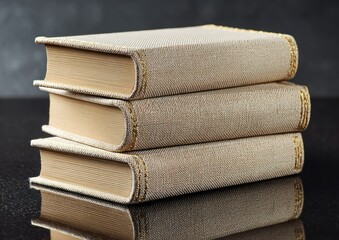 Stack of beige books with gold trim.