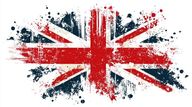 Distressed Union Jack flag design with paint splatters and grunge textures