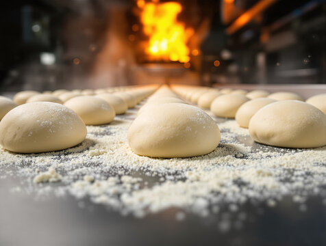 Fresh dough balls on a conveyor line moving towards a blazing oven in an industrial bakery