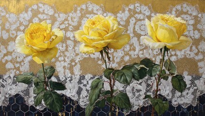 Three yellow roses on a backdrop of lace.