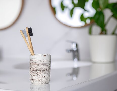 Close up of eco-friendly bamboo toothbrushes in a modern bathroom setting