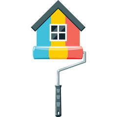 House Painting Renovation Concept With Roller And Colorful Paint Strokes On White Background
