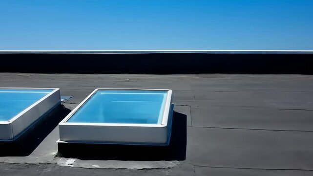 Two rectangular skylights are installed on a flat, dark roof, reflecting a bright, clear, and vibrant blue sky on a sunny day, showcasing modern architectural design.