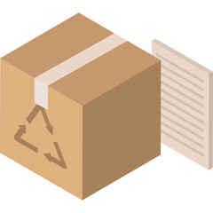 Isometric Cardboard Box with Recycling Symbol and Document Nearby Ready for Shipping and Logistics