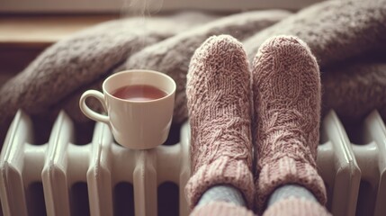 Warm beverage and cozy feet rest on a heating element indoors during cold weather