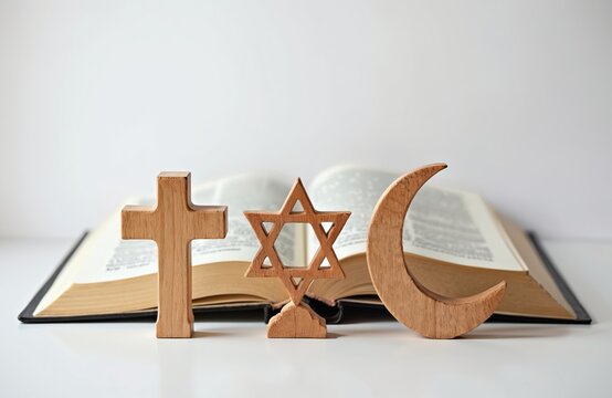 Wooden Christian cross Jewish Star of David Muslim crescent moon placed near opened Bible. Religion symbols represent monotheistic faiths. Interfaith dialogue concept religious tolerance,
