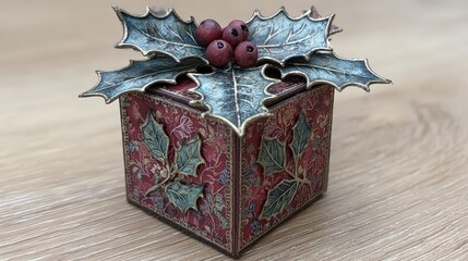 Ornate decorative box adorned with detailed holly and berry accents rests on a wooden surface