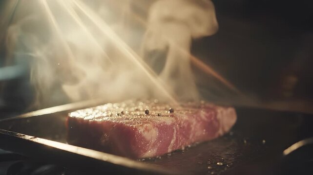 A thick slice of steak sizzles in a cast iron skillet, releasing a rich aroma and creating steam in the warm kitchen. The steak's surface glistens while the light highlights its de