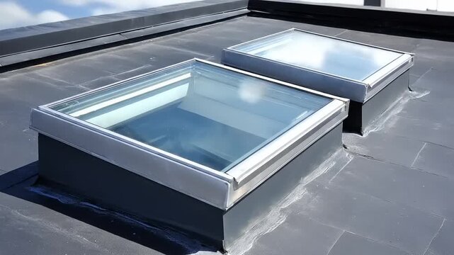 Two rectangular skylights sit atop a dark, textured flat roof under a partly cloudy sky, showing architectural details and modern design.