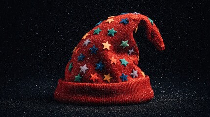 Knitted, pointed holiday cap adorned with colorful stars rests on a glittering dark surface