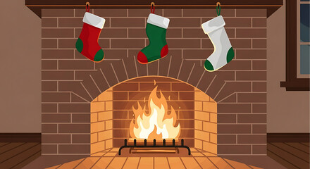 Three colorful Christmas stockings hanging over a warm, cozy brick fireplace.