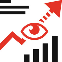 Red eye symbol with rising bar graph and upward arrow on black lines chart background isolated on white representing business growth and analysis