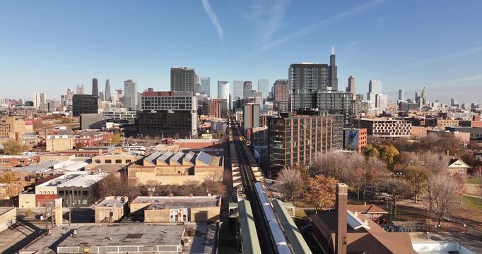 Drone Aerial View of Downtown Chicago Skyline with CTA Train Tracks Leading Into the City&rdquo; November 15, 2025 This drone shot is in Chicago, Illinois, filmed from the West Side, looking east 