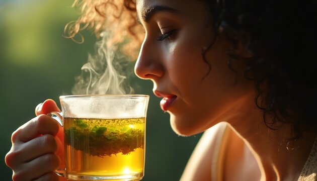 Woman sips hot herbal tea from clear glass mug. Steam rises from aromatic brew with green leaves. Relaxed person enjoys healthy morning beverage outdoors. Calm wellness moment, natural light.