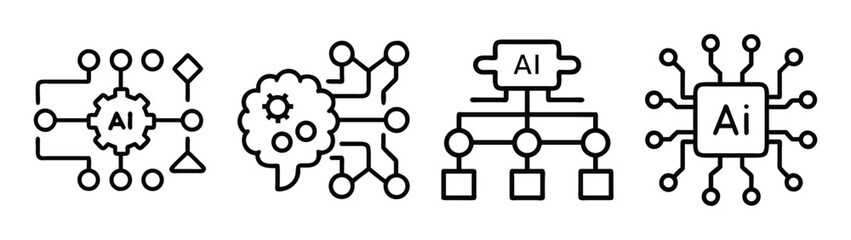 Ai artificial intelligence machine learning neural network algorithms and deep learning icons set vector