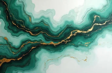 Keuken achterwand Kristal Abstract liquid art with fluid swirls of emerald green and teal. Golden veins create a luxurious marble texture. White background adds clean contrast. Sophisticated decorative pattern.  © Maryna