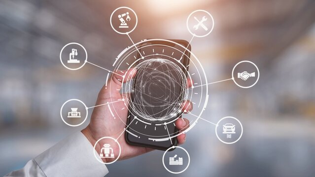 Mechanized industry automation and modern production system with robotic arms, gears, tools and logistics for efficient mechanized industry process. Gist