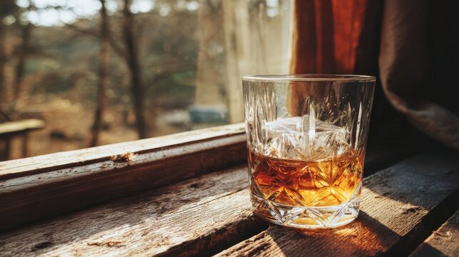 Ornate glass containing amber spirit with ice cube rests on rustic wood beside a window overlooking nature.