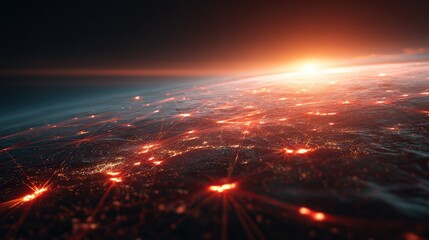 Illuminated global network connectivity glows brightly above the curvature of the planet.