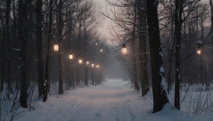 Snowy Forest Path Lined with Lanterns in Winter Evening.