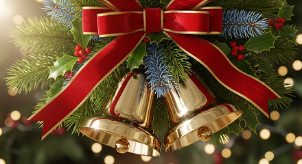 Close-up of golden bells with a red bow, surrounded by green foliage and lights.